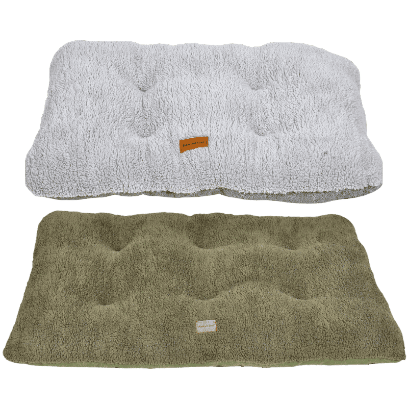 Luxury dog cushion bed in light grey sherpa fleece Dog cushion bed in khaki 100x60cm Soft flat dog bed in pink and dark grey Dog cushion beds in 3 sizes and 4 colours