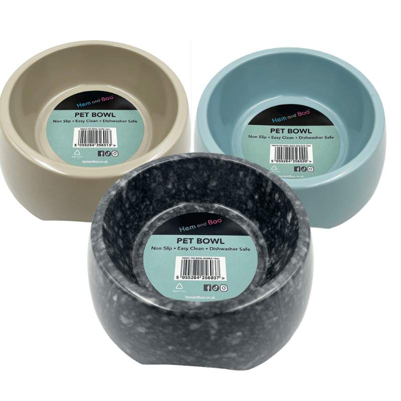 Hem & Boo non-slip pet bowls in taupe, blue and marble – 14cm and 18cm