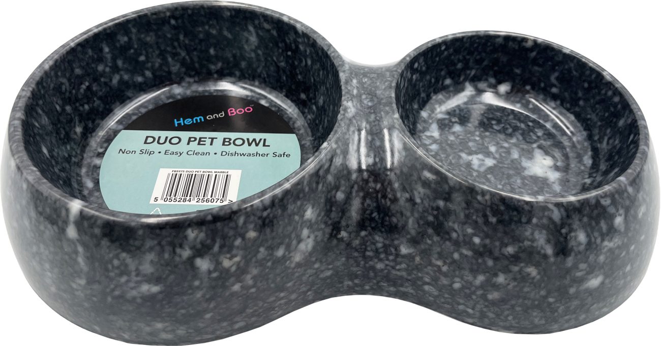 Hem & Boo 14cm marble effect duo pet bowl – non-slip double dog bowl dishwasher safe